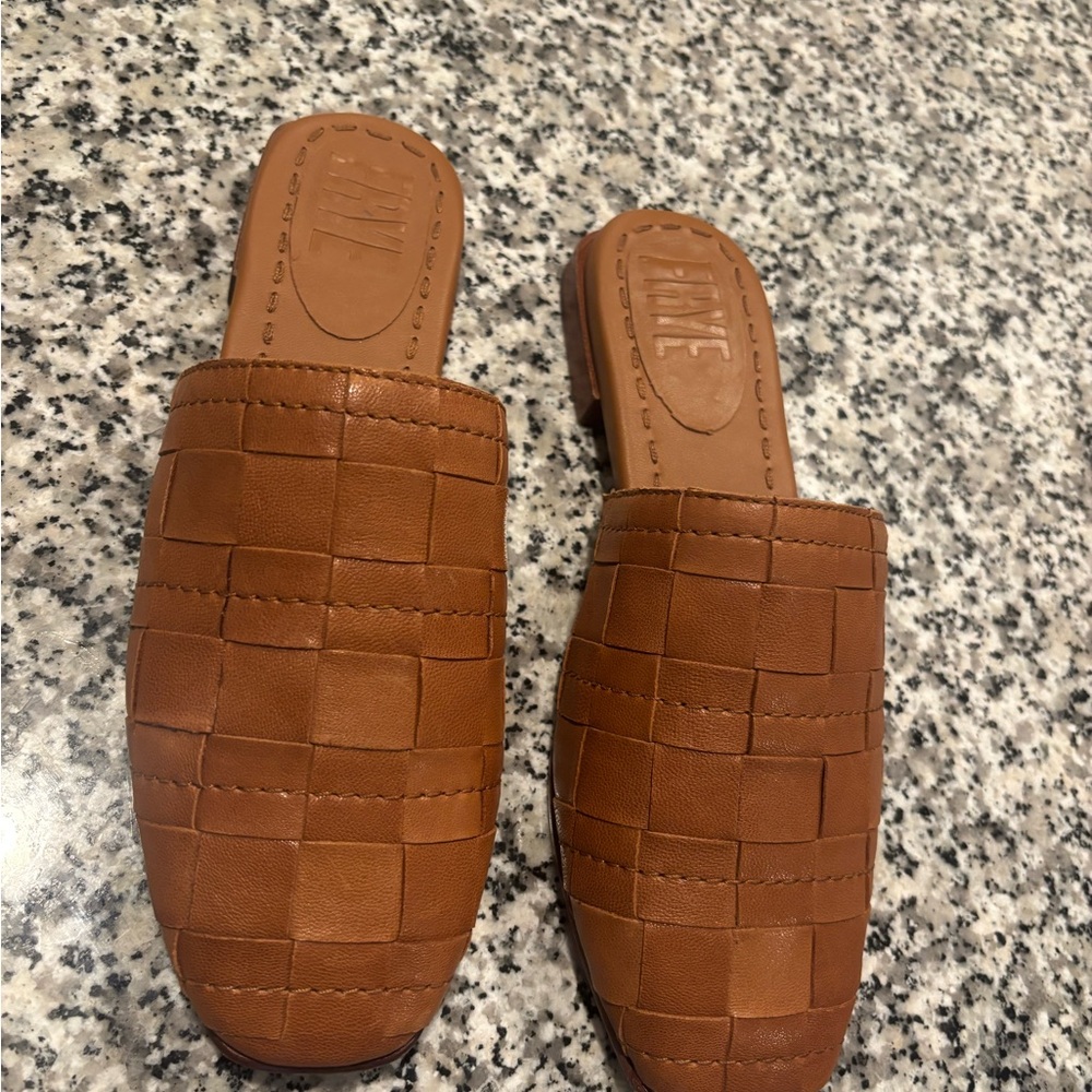 Frye Brown Woven Leather Mules